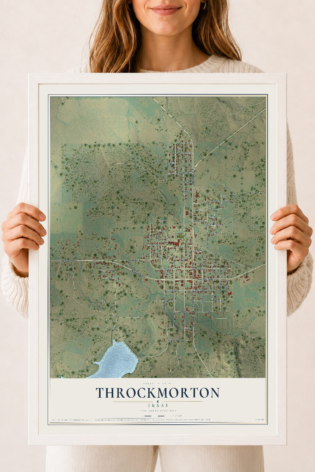 Map of Throckmorton, Texas, 18 x 24 inch print in a white wood frame