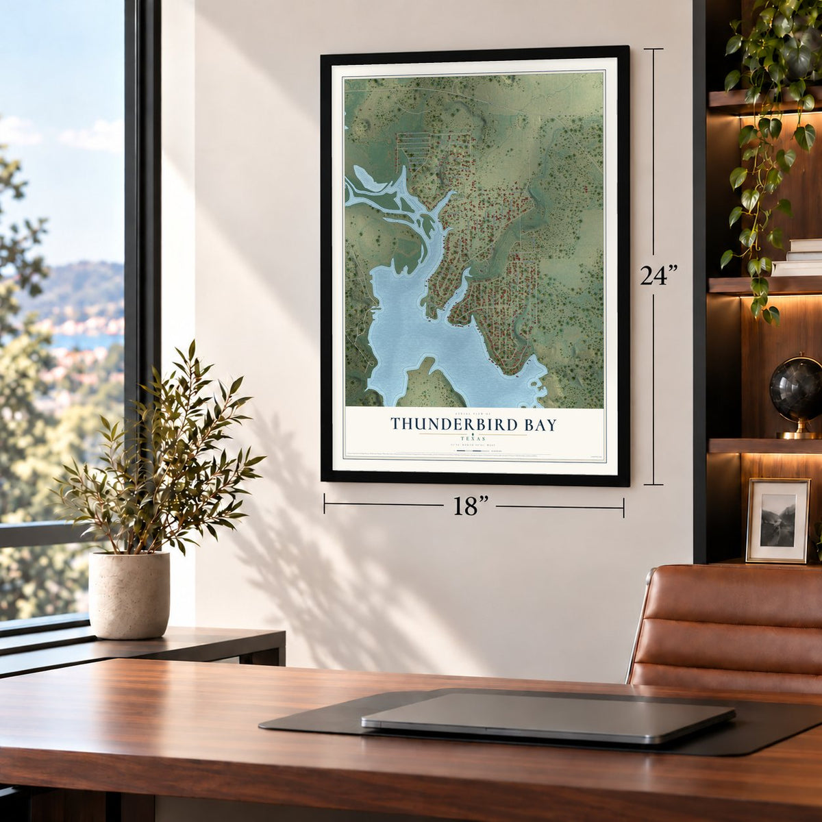 Thunderbird Bay, Texas map, 18 x 24 inch print in a black frame in a home office