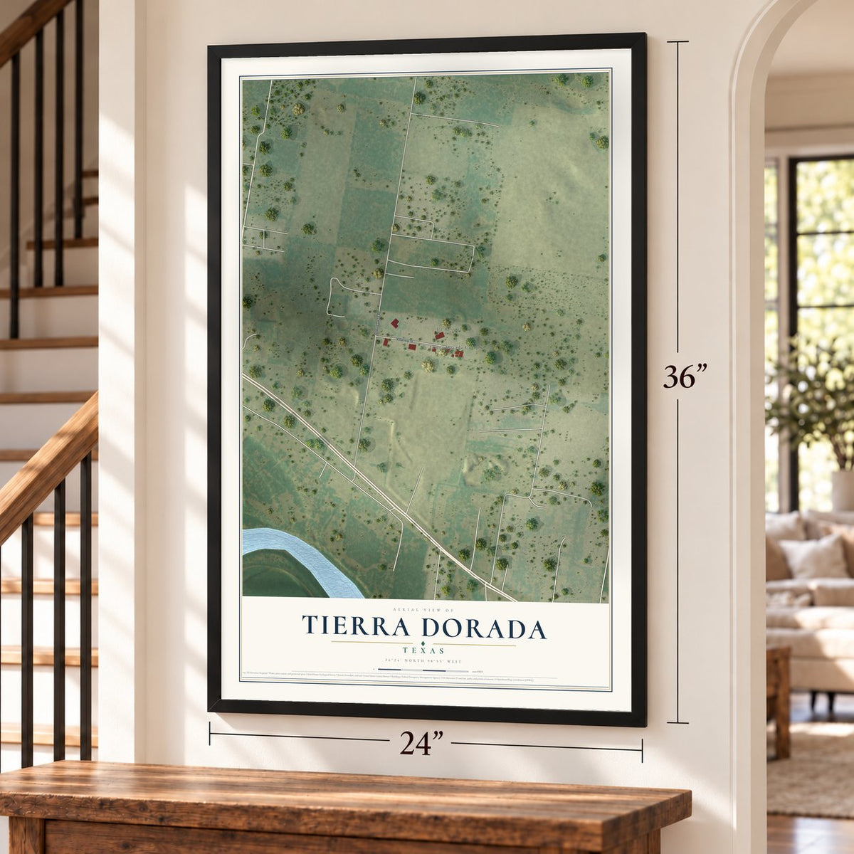 Tierra Dorada, Texas map, 24 x 36 inch print in a black frame by a staircase