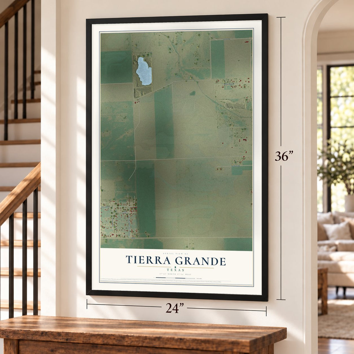 Tierra Grande, Texas map, 24 x 36 inch print in a black frame by a staircase