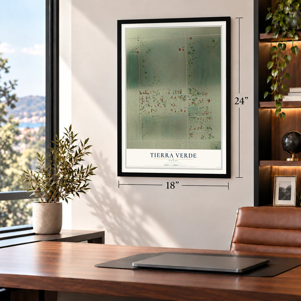 Tierra Verde, Texas map, 18 x 24 inch print in a black frame in a home office