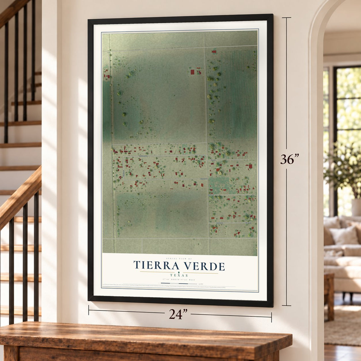 Tierra Verde, Texas map, 24 x 36 inch print in a black frame by a staircase