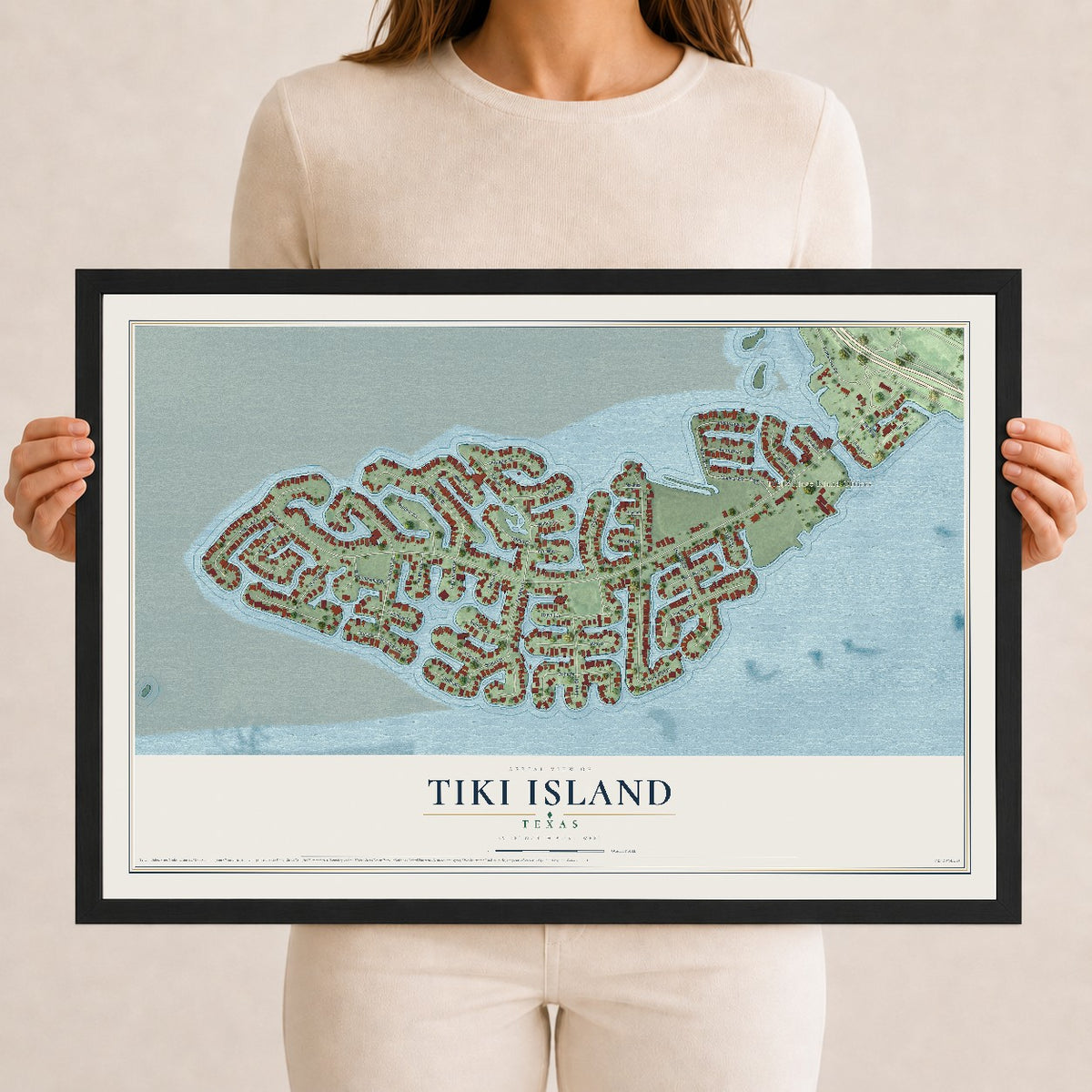 Map of Tiki Island, Texas, 12 x 18 inch print in a black wood frame