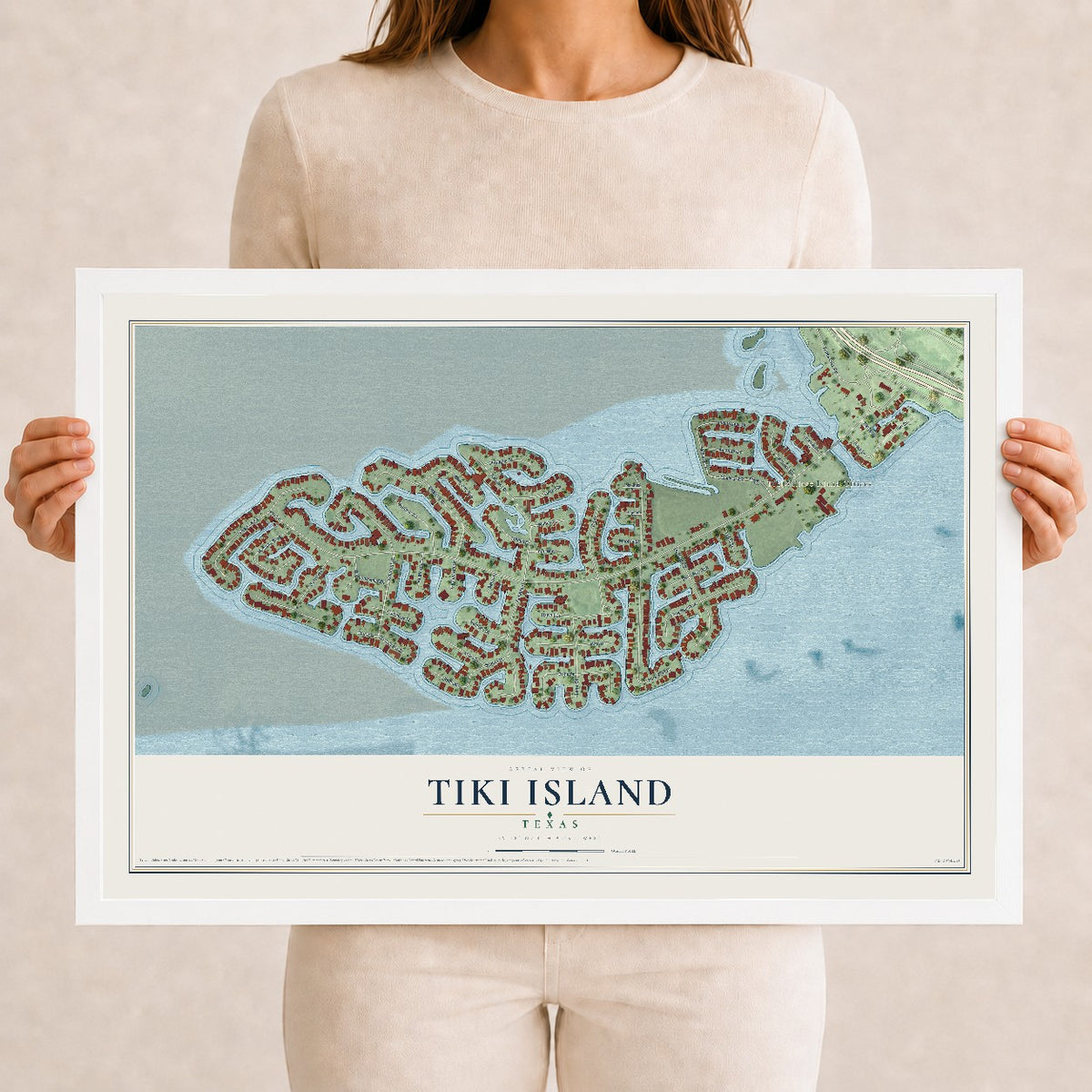 Map of Tiki Island, Texas, 12 x 18 inch print in a white wood frame