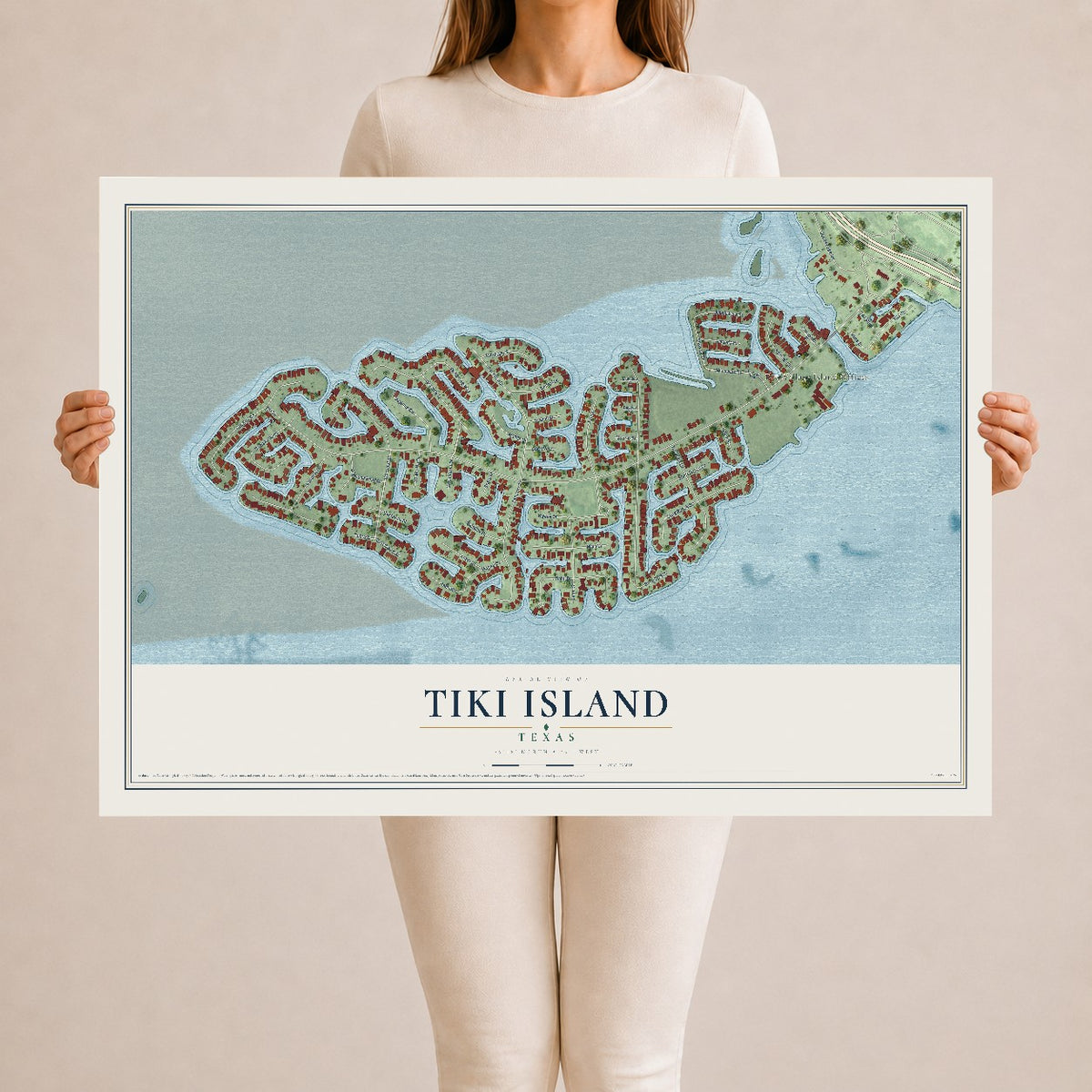 Map of Tiki Island, Texas, 24 x 36 inch unframed archival matte print