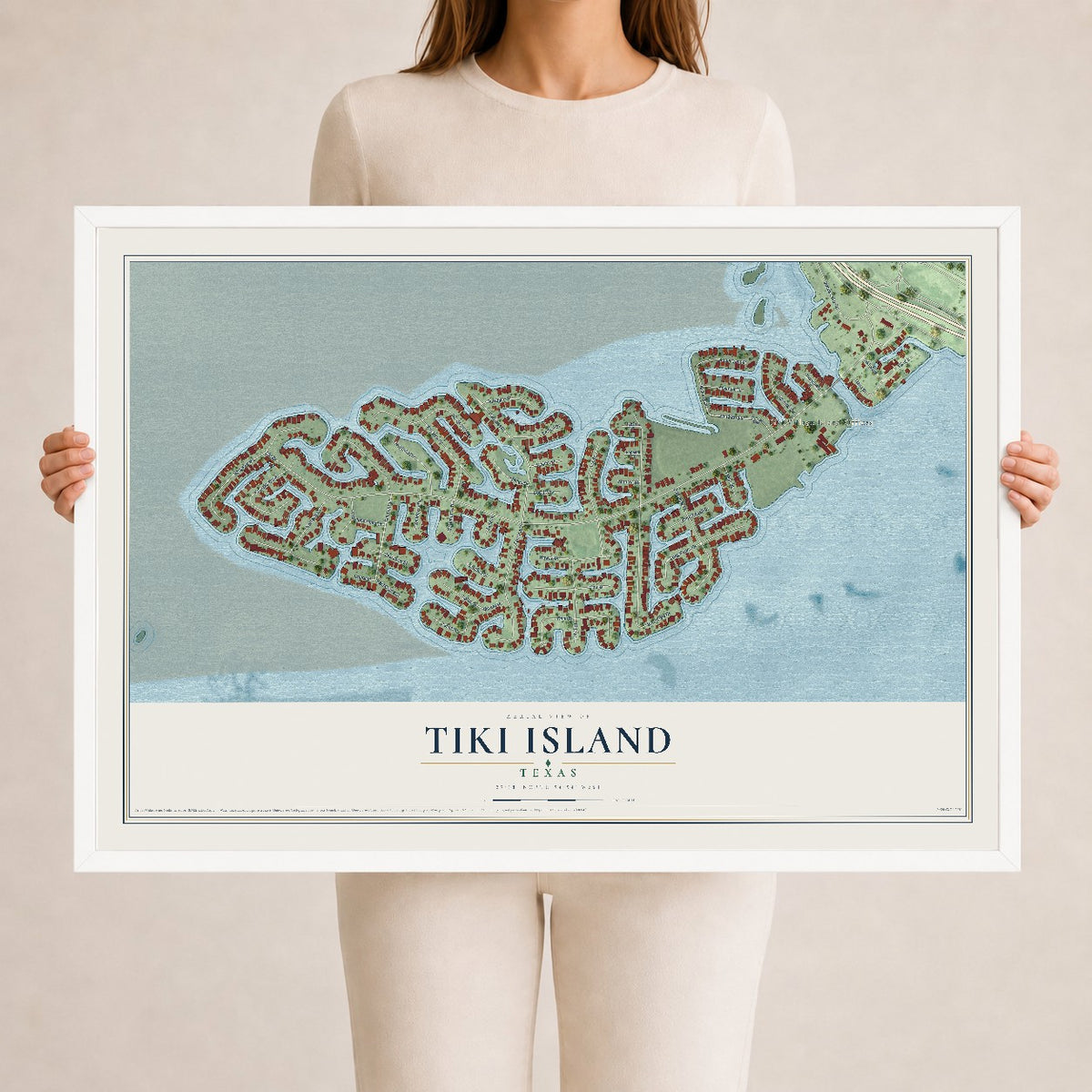 Map of Tiki Island, Texas, 24 x 36 inch print in a white wood frame