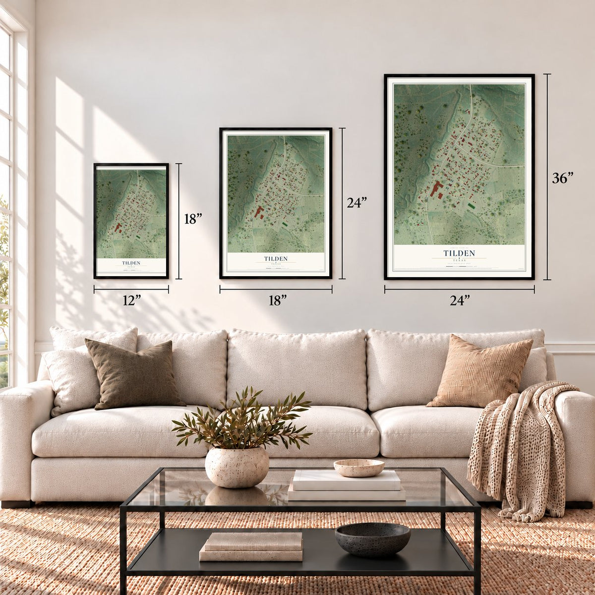 Tilden, Texas map in 12 x 18, 18 x 24 and 24 x 36 inch sizes above a sofa