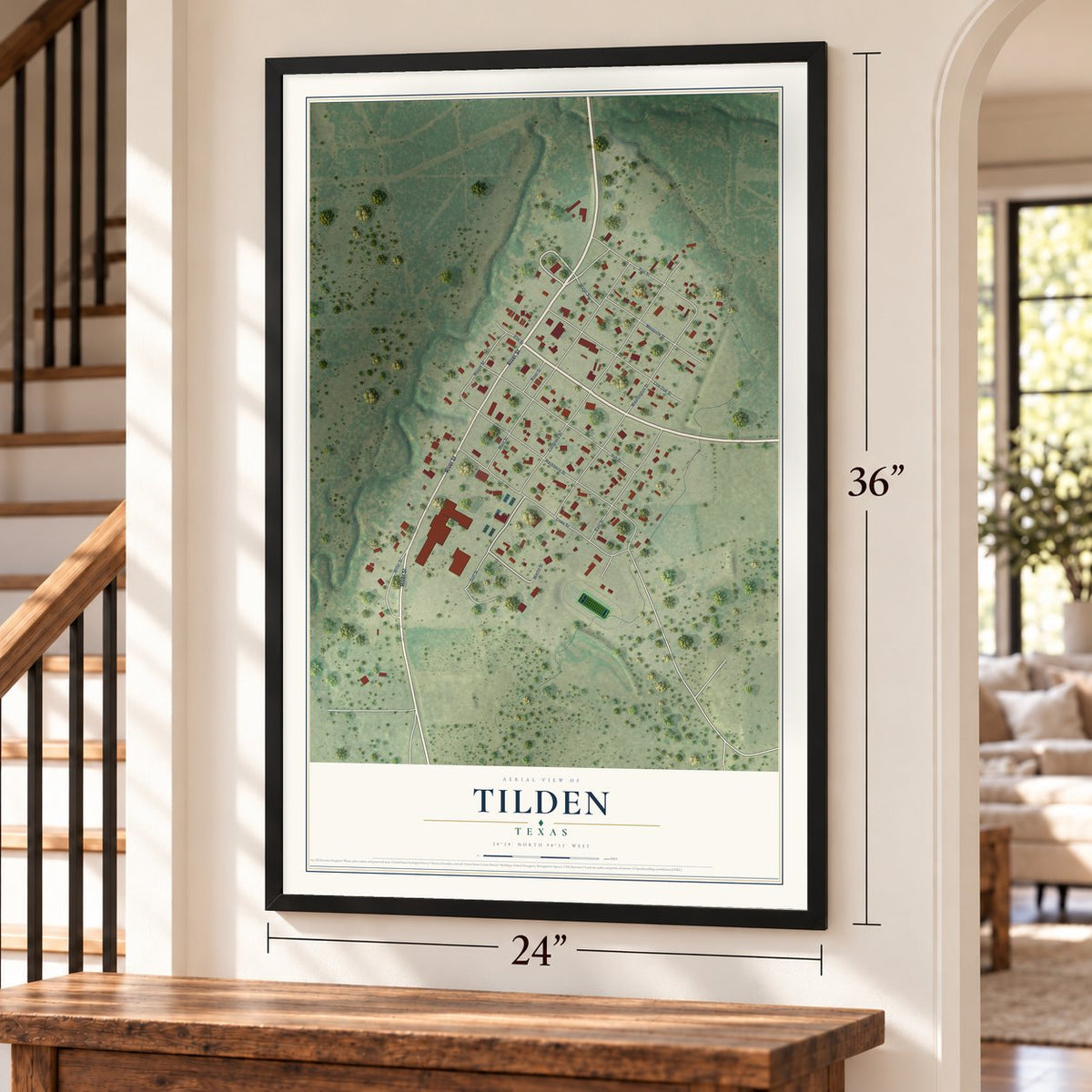 Tilden, Texas map, 24 x 36 inch print in a black frame by a staircase