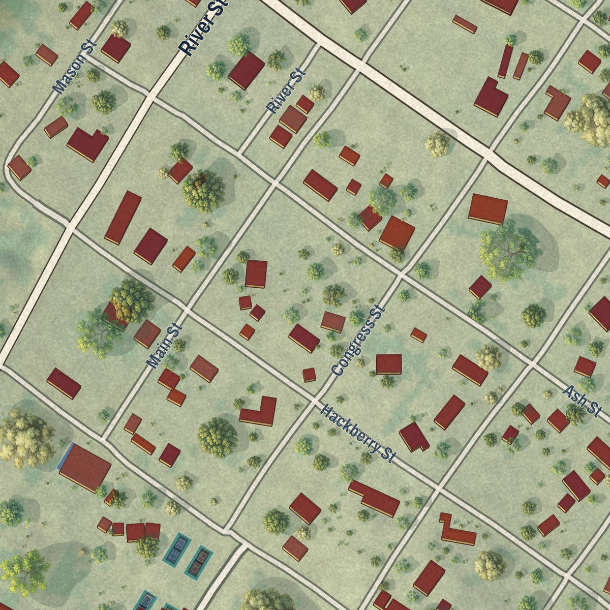 Close-up of the map of Tilden, Texas print showing street and building detail