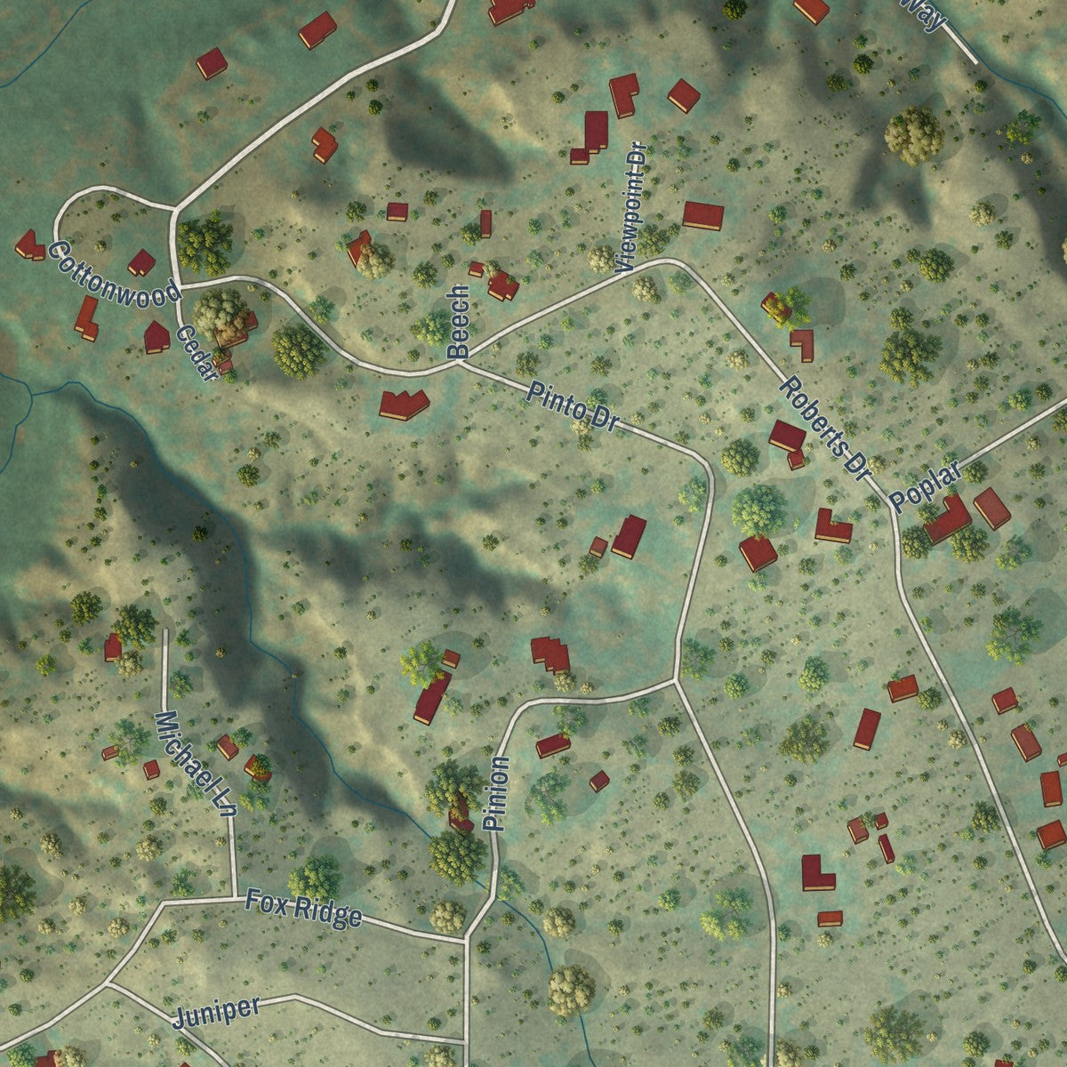 Close-up of the map of Timbercreek Canyon, Texas print showing street and building detail