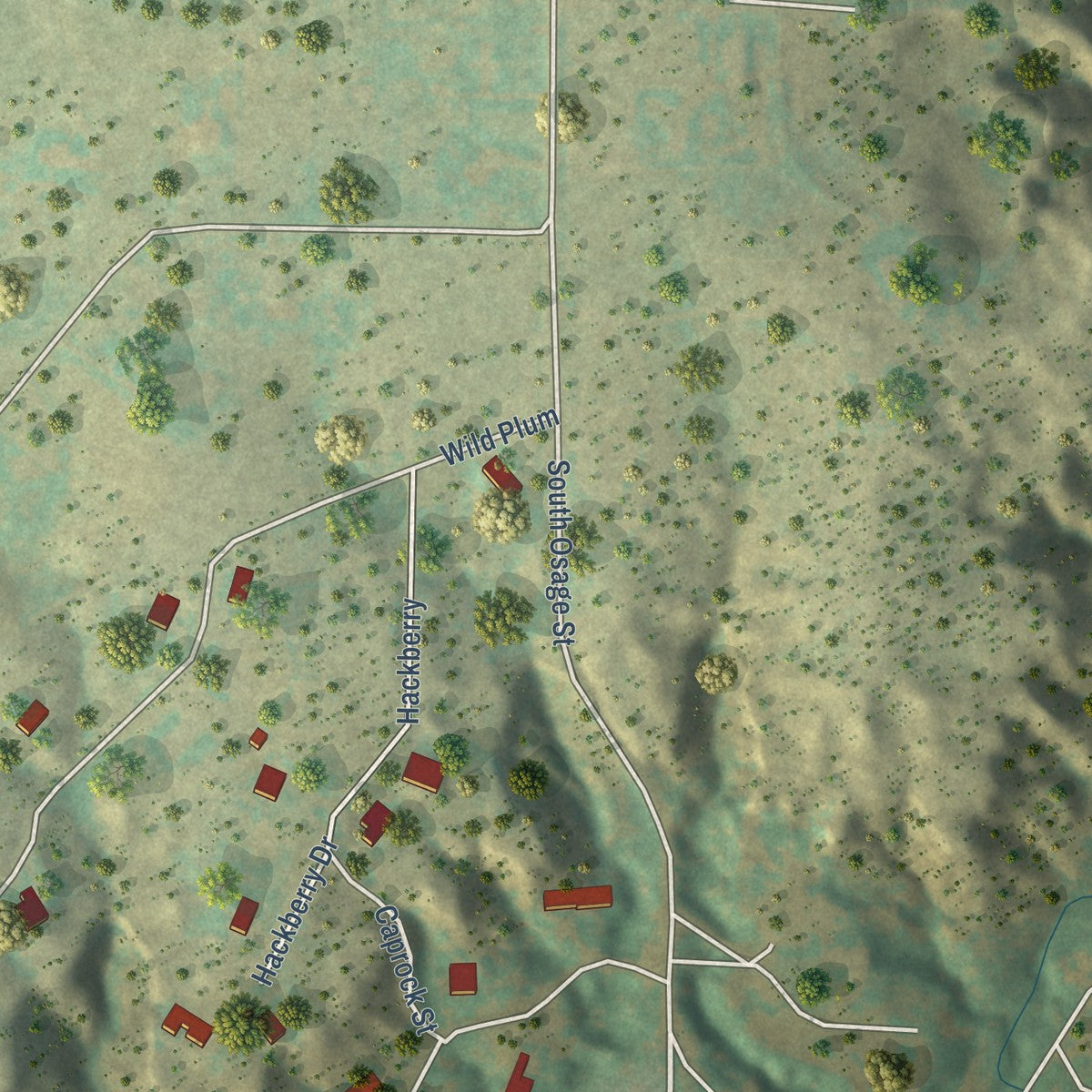Second close-up of the map of Timbercreek Canyon, Texas print showing more streets and buildings
