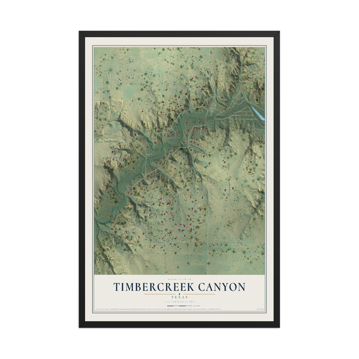 Map of Timbercreek Canyon, Texas, 12 x 18 inch print in a black wood frame