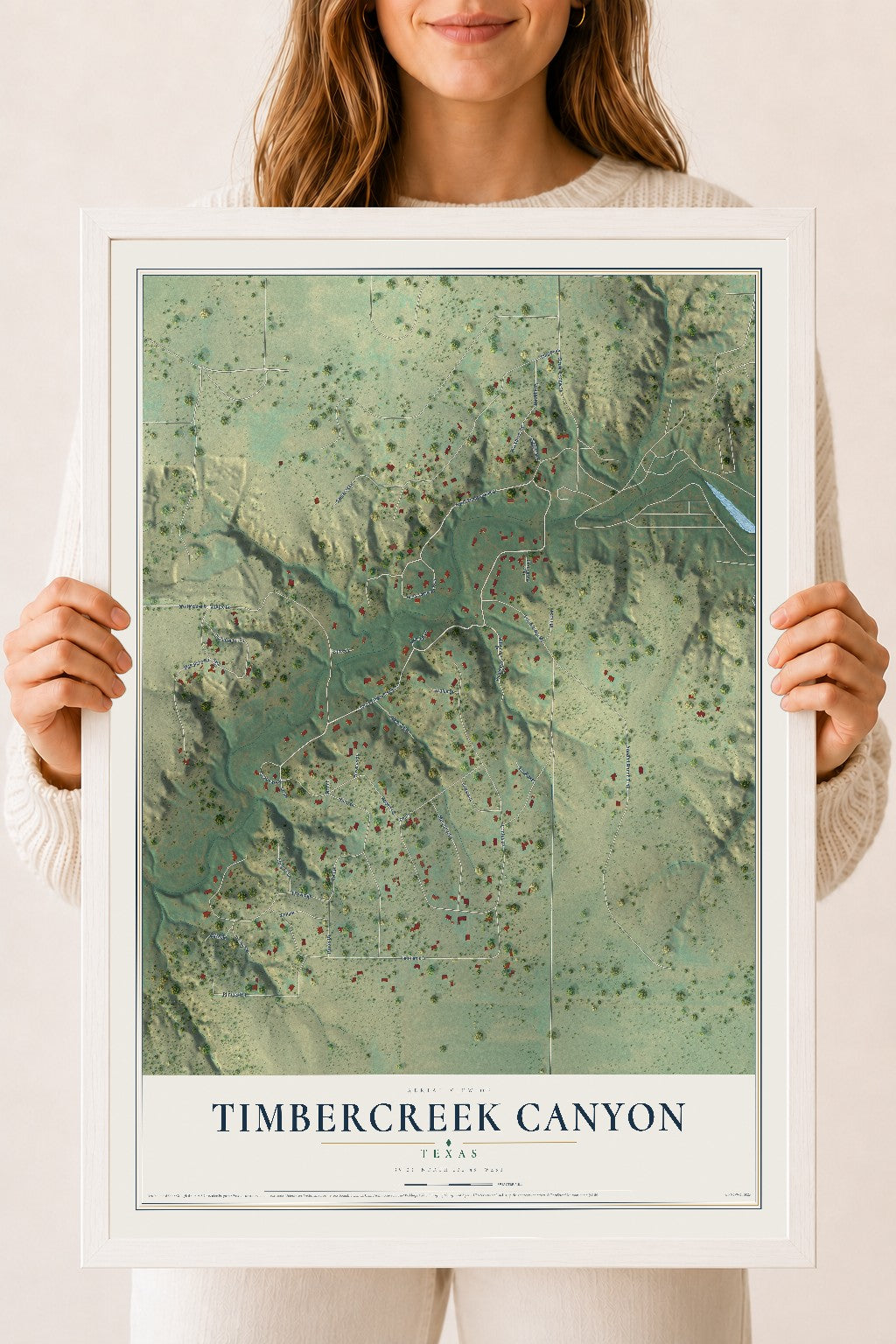 Map of Timbercreek Canyon, Texas, 18 x 24 inch print in a white wood frame