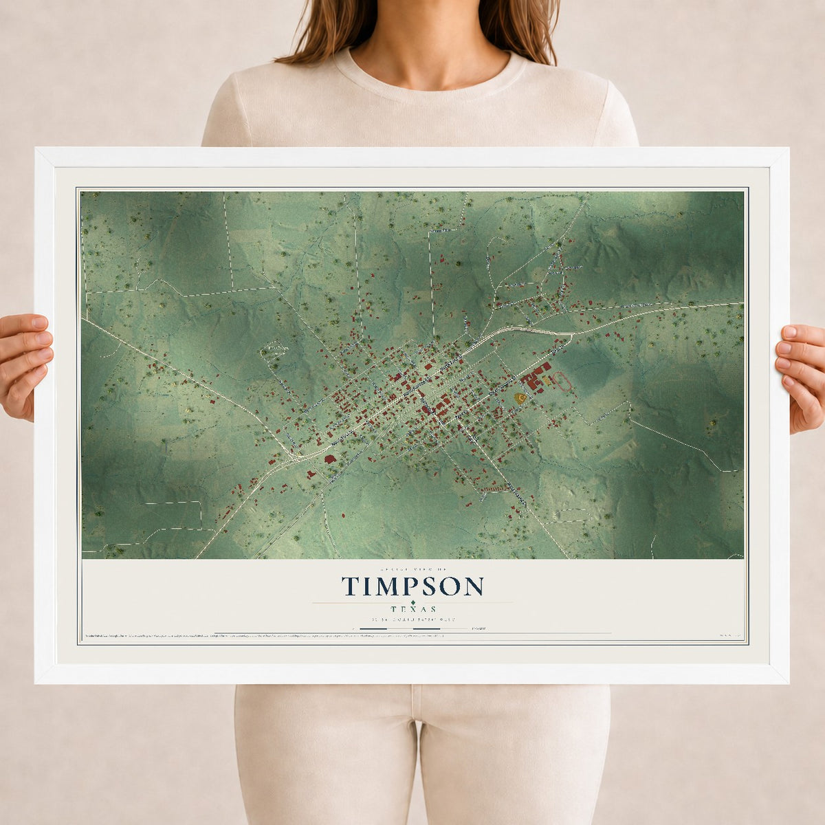 Map of Timpson, Texas, 18 x 24 inch print in a white wood frame