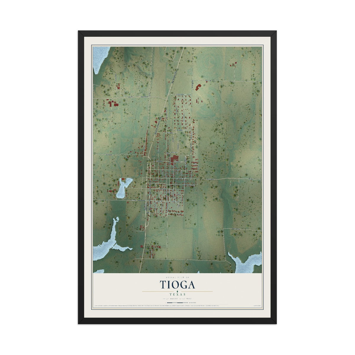 Map of Tioga, Texas, 12 x 18 inch print in a black wood frame