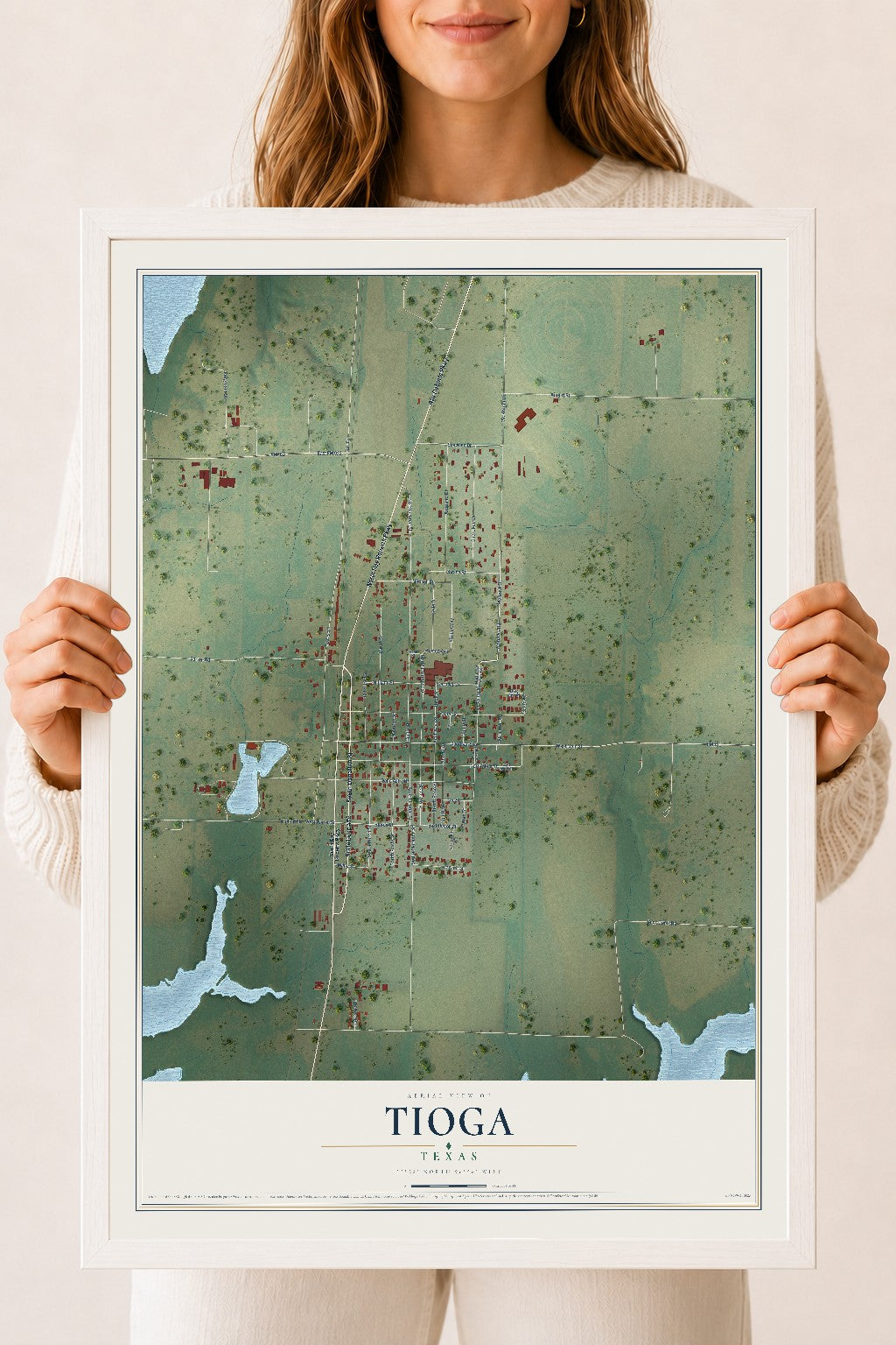 Map of Tioga, Texas, 18 x 24 inch print in a white wood frame