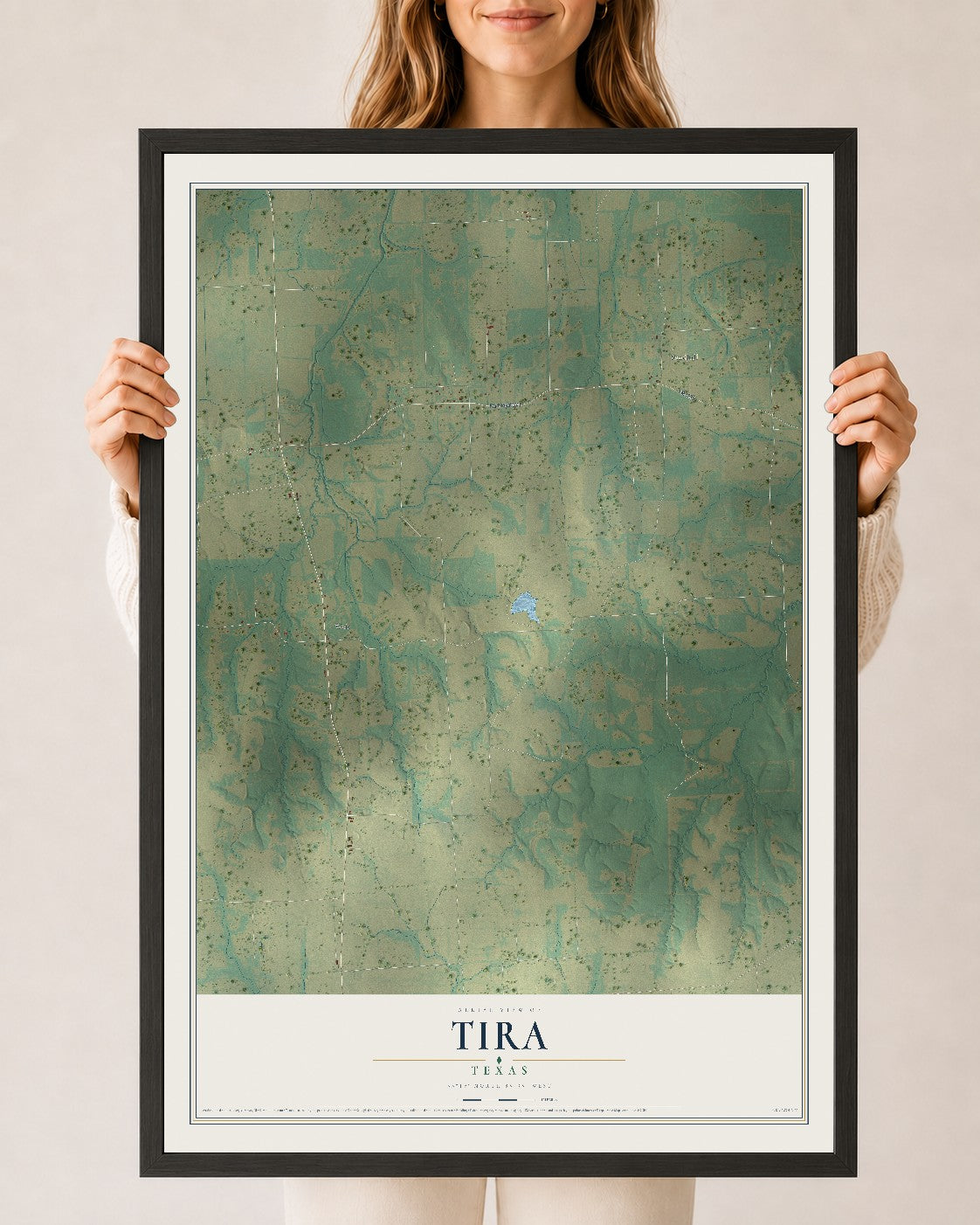 Map of Tira, Texas, 24 x 36 inch print in a black wood frame