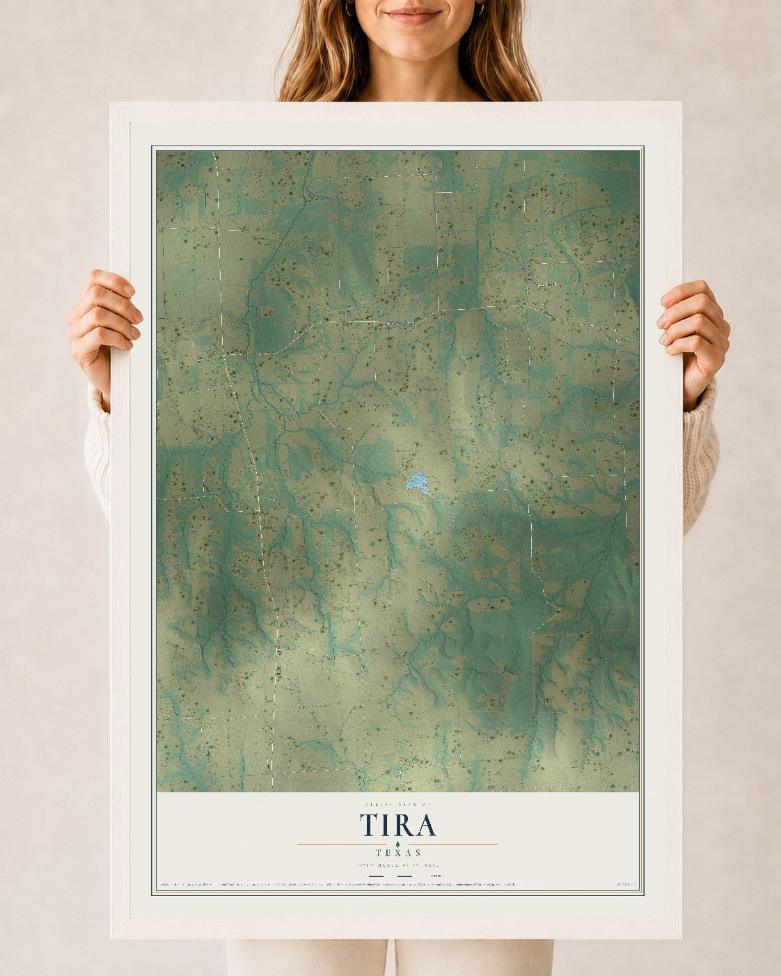 Map of Tira, Texas, 24 x 36 inch print in a white wood frame
