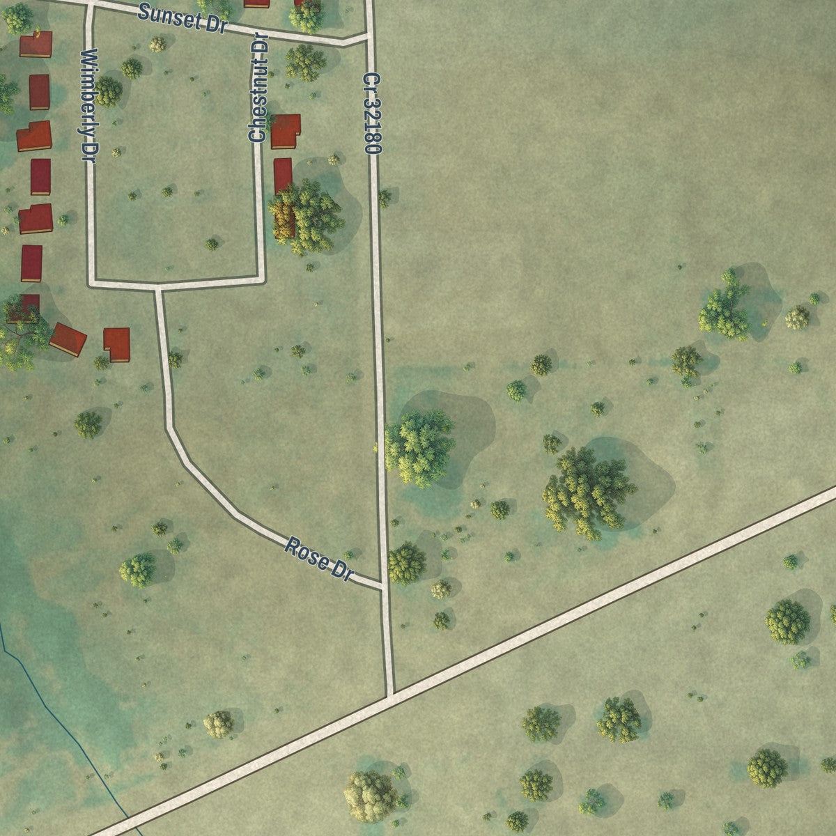 Close-up of the map of Toco, Texas print showing street and building detail