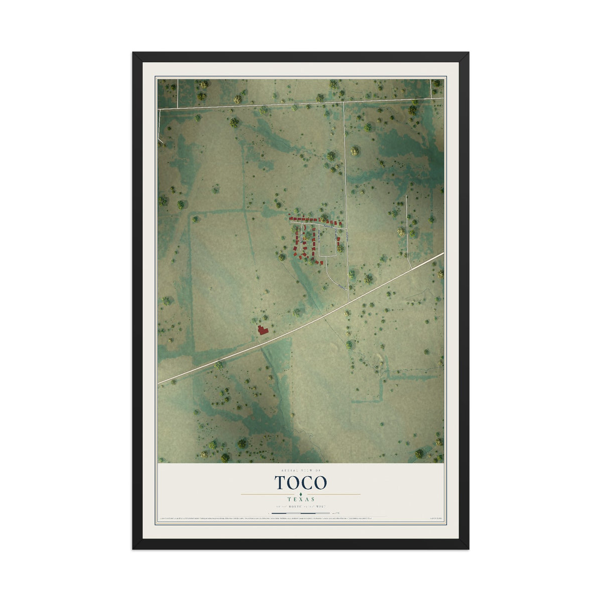 Map of Toco, Texas, 12 x 18 inch print in a black wood frame