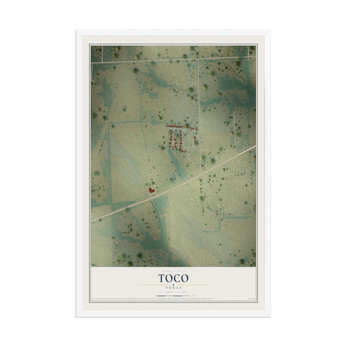 Map of Toco, Texas, 12 x 18 inch print in a white wood frame