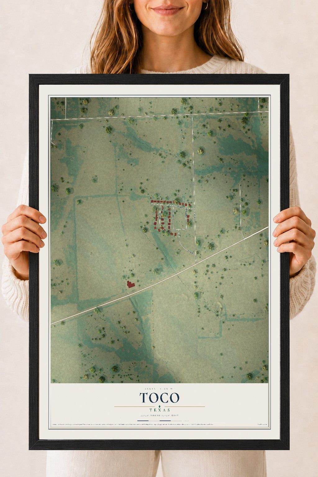 Map of Toco, Texas, 18 x 24 inch print in a black wood frame