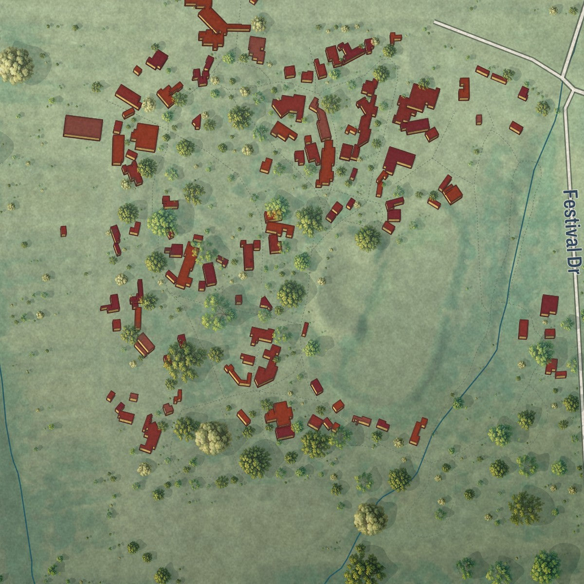 Close-up of the map of Todd Mission, Texas print showing street and building detail