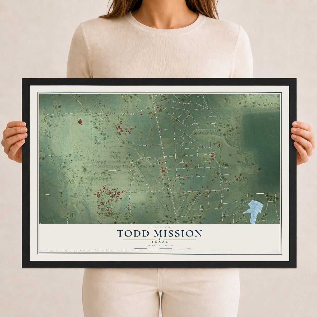 Map of Todd Mission, Texas, 12 x 18 inch print in a black wood frame
