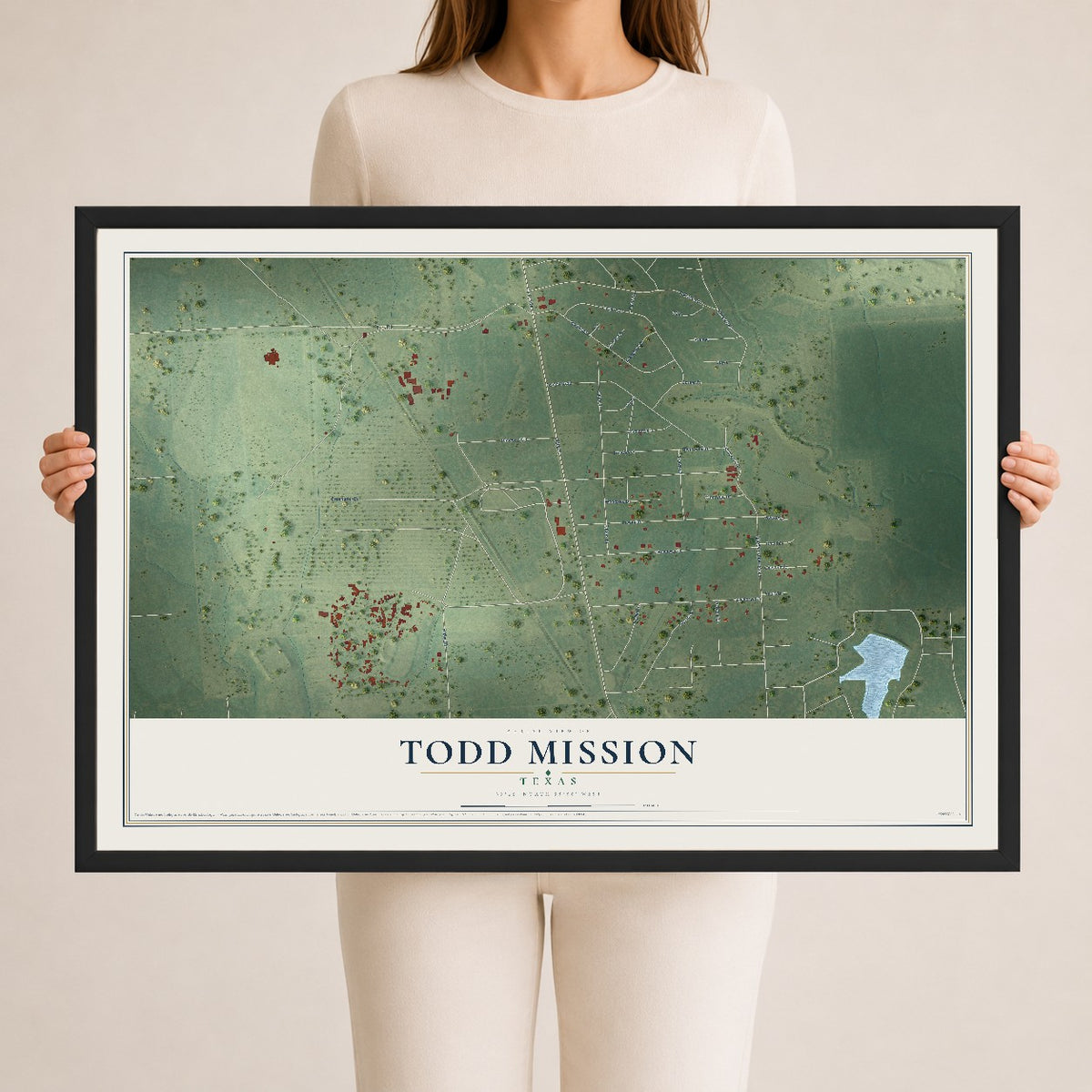 Map of Todd Mission, Texas, 24 x 36 inch print in a black wood frame