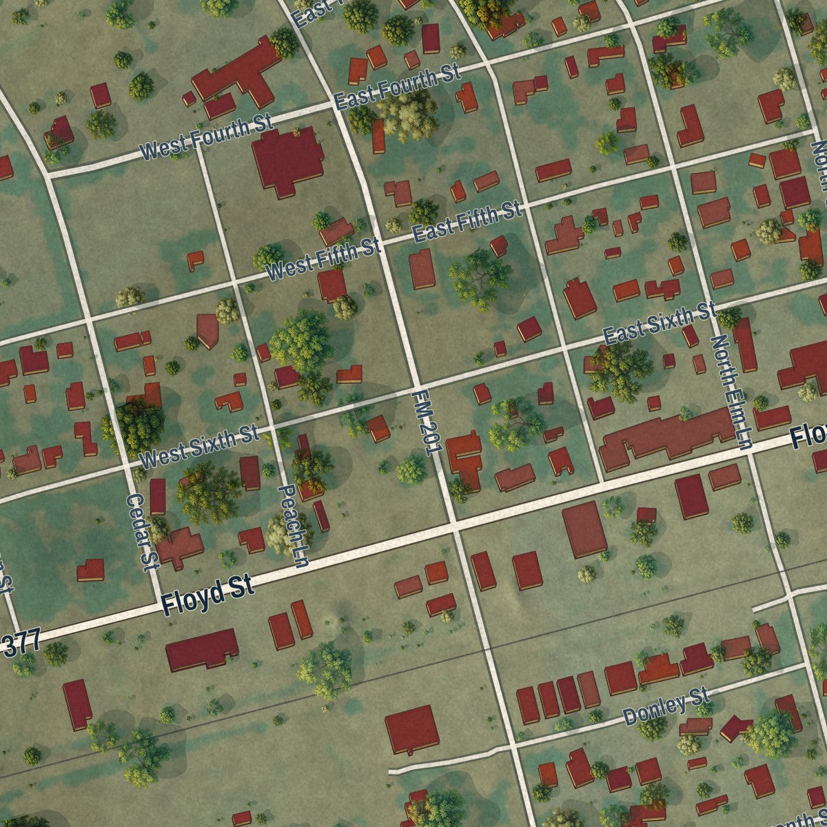Close-up of the map of Tolar, Texas print showing street and building detail