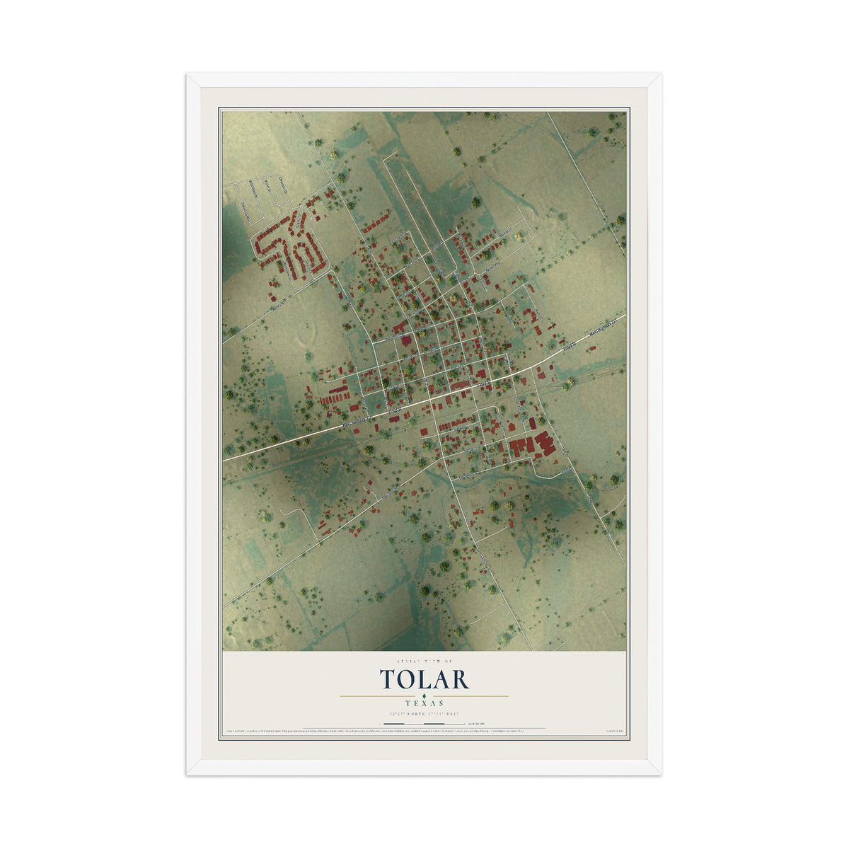 Map of Tolar, Texas, 12 x 18 inch print in a white wood frame
