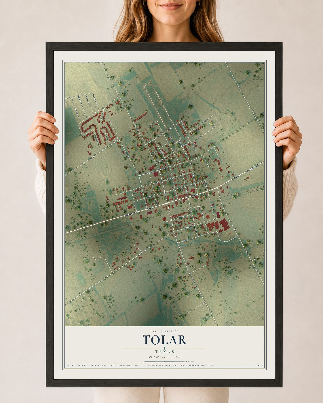 Map of Tolar, Texas, 24 x 36 inch print in a black wood frame