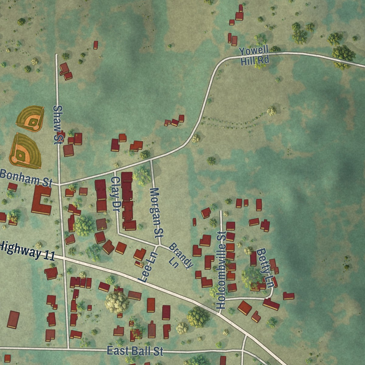 Second close-up of the map of Tom Bean, Texas print showing more streets and buildings