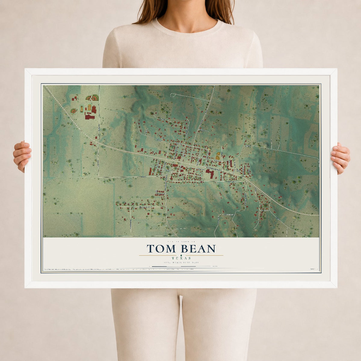 Map of Tom Bean, Texas, 24 x 36 inch print in a white wood frame