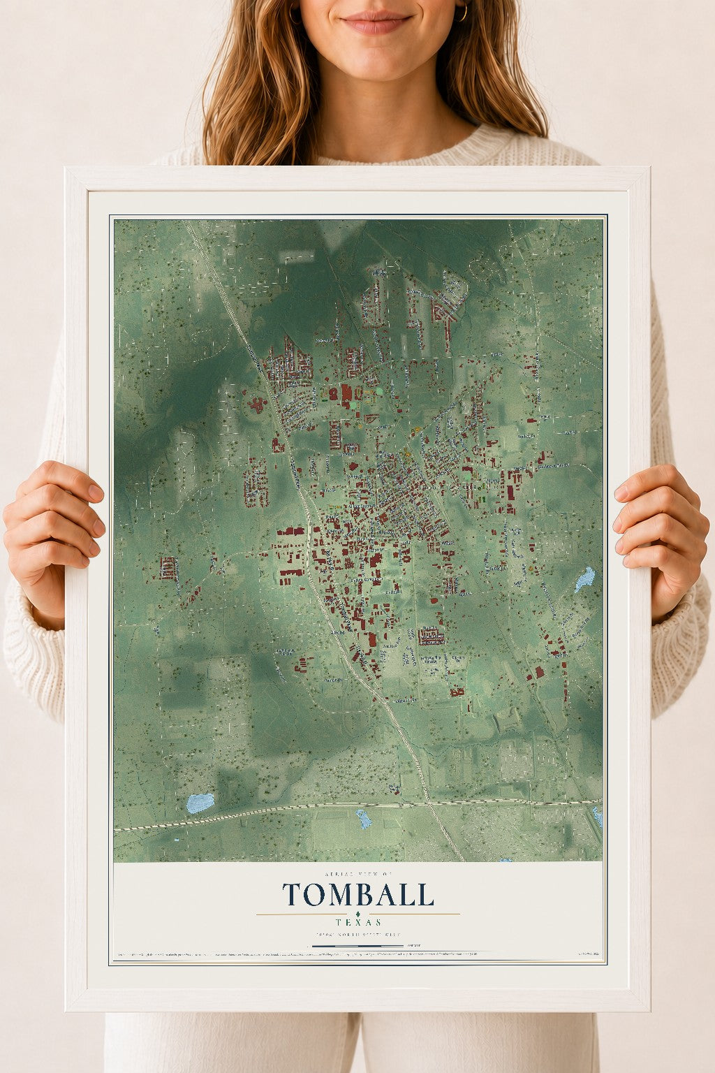 Map of Tomball, Texas, 18 x 24 inch print in a white wood frame
