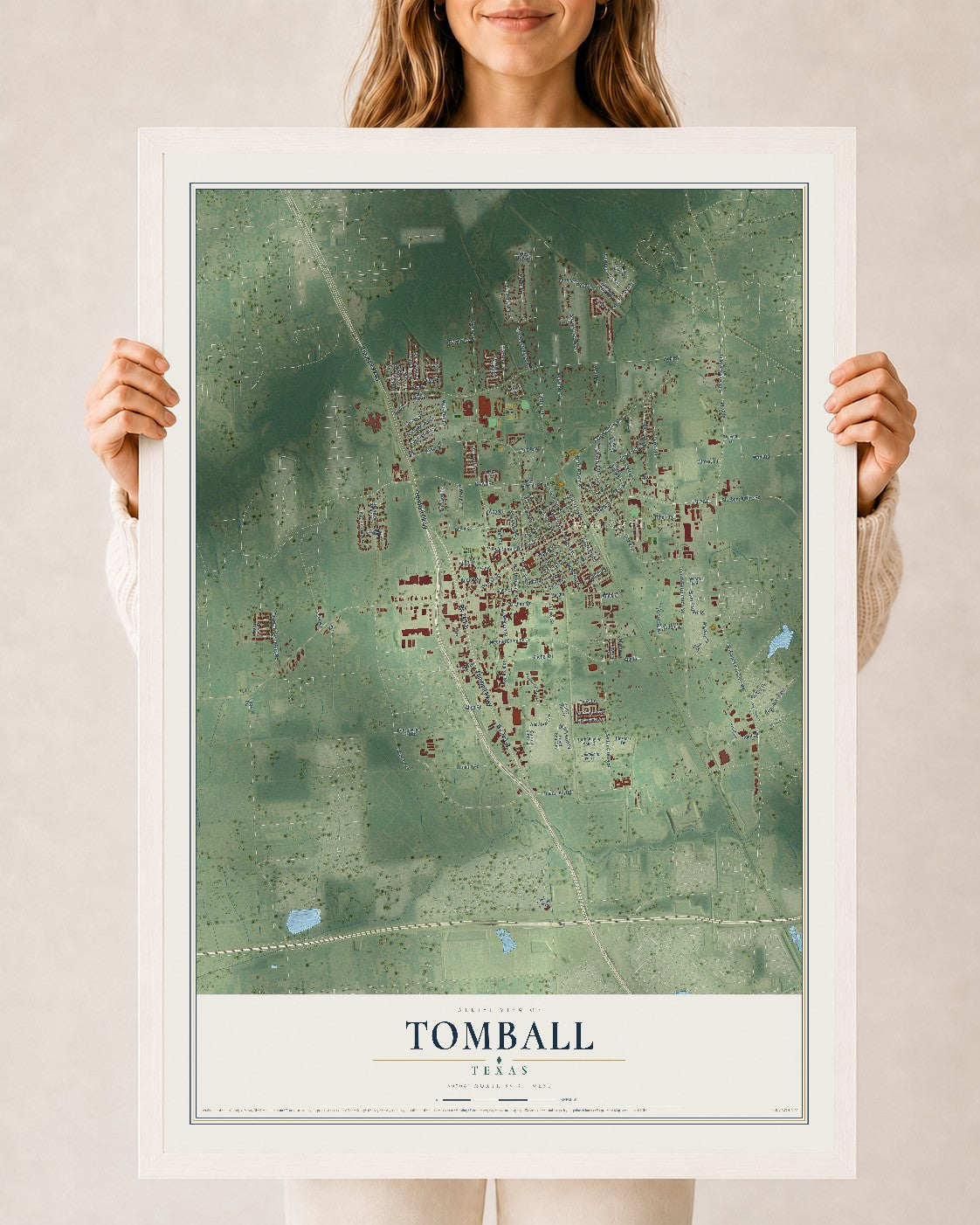 Map of Tomball, Texas, 24 x 36 inch print in a white wood frame