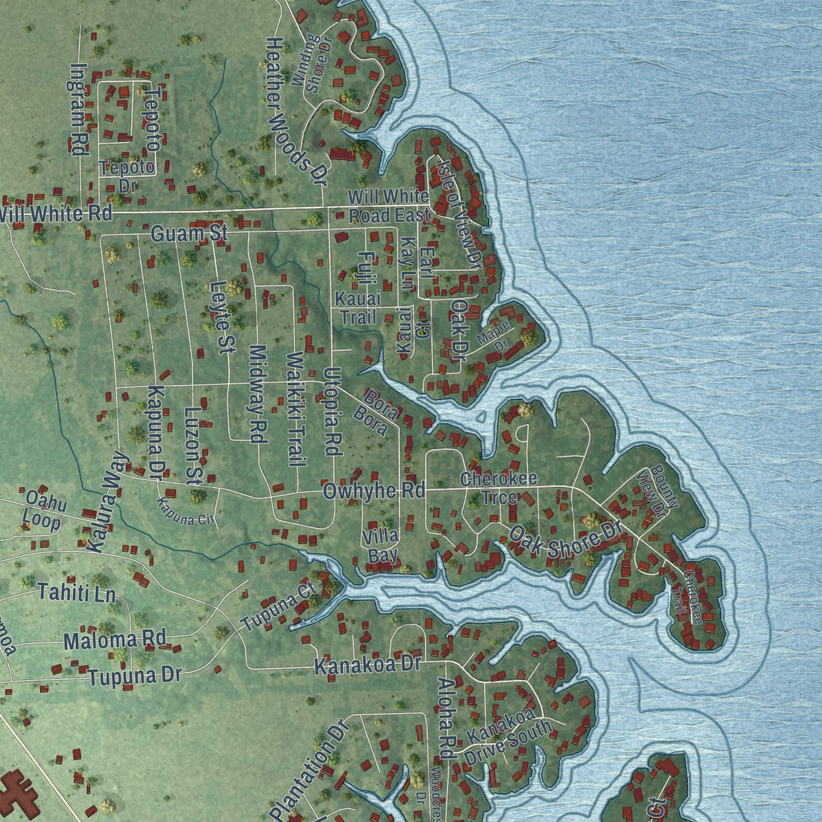 Close-up of the map of Tool, Texas print showing street and building detail