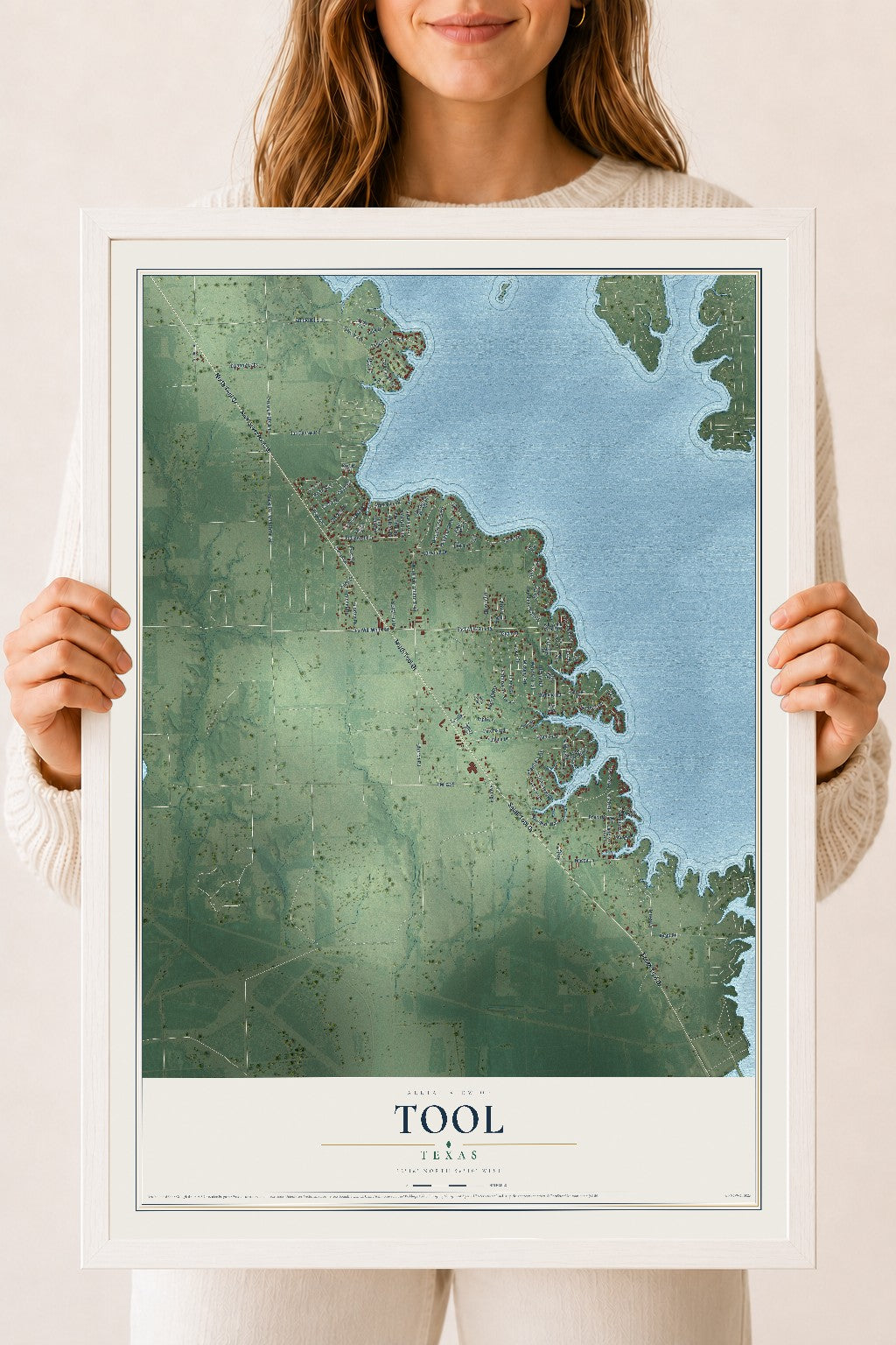 Map of Tool, Texas, 18 x 24 inch print in a white wood frame