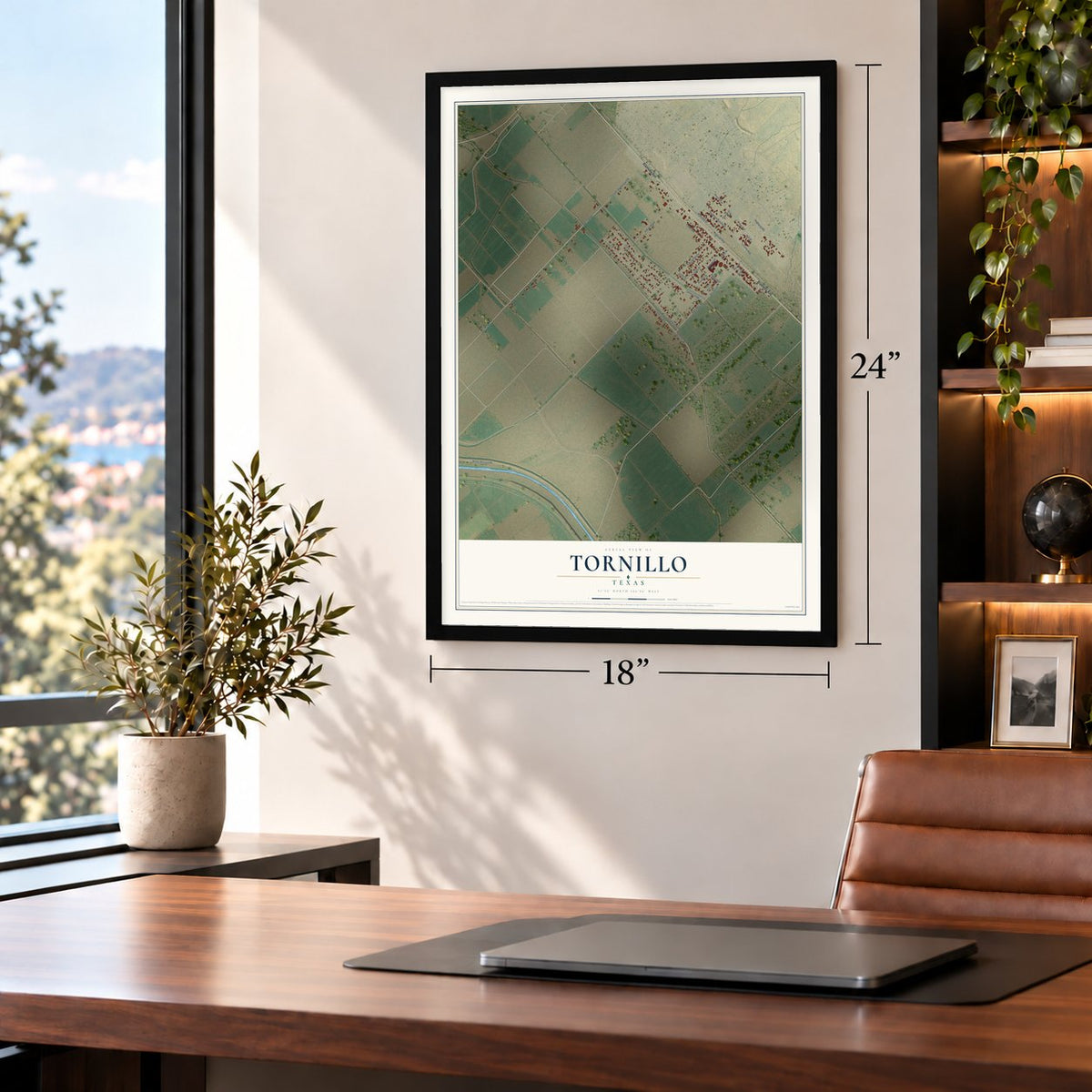 Tornillo, Texas map, 18 x 24 inch print in a black frame in a home office