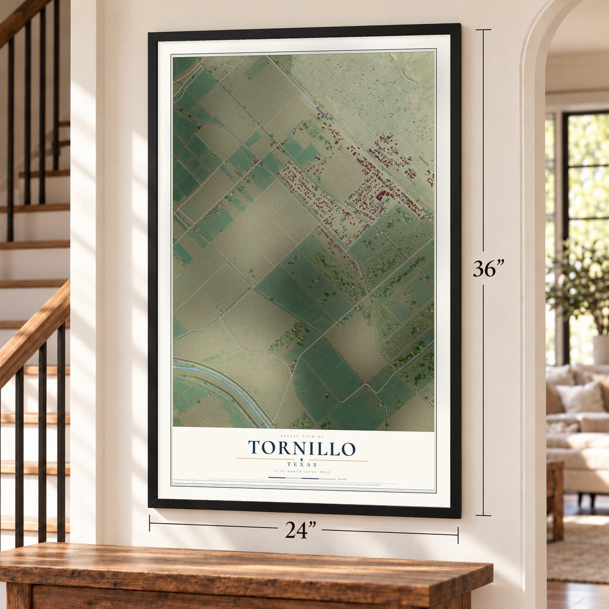 Tornillo, Texas map, 24 x 36 inch print in a black frame by a staircase
