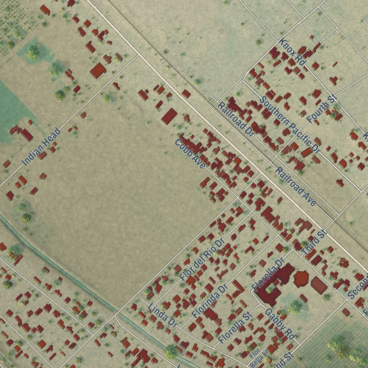 Close-up of the map of Tornillo, Texas print showing street and building detail