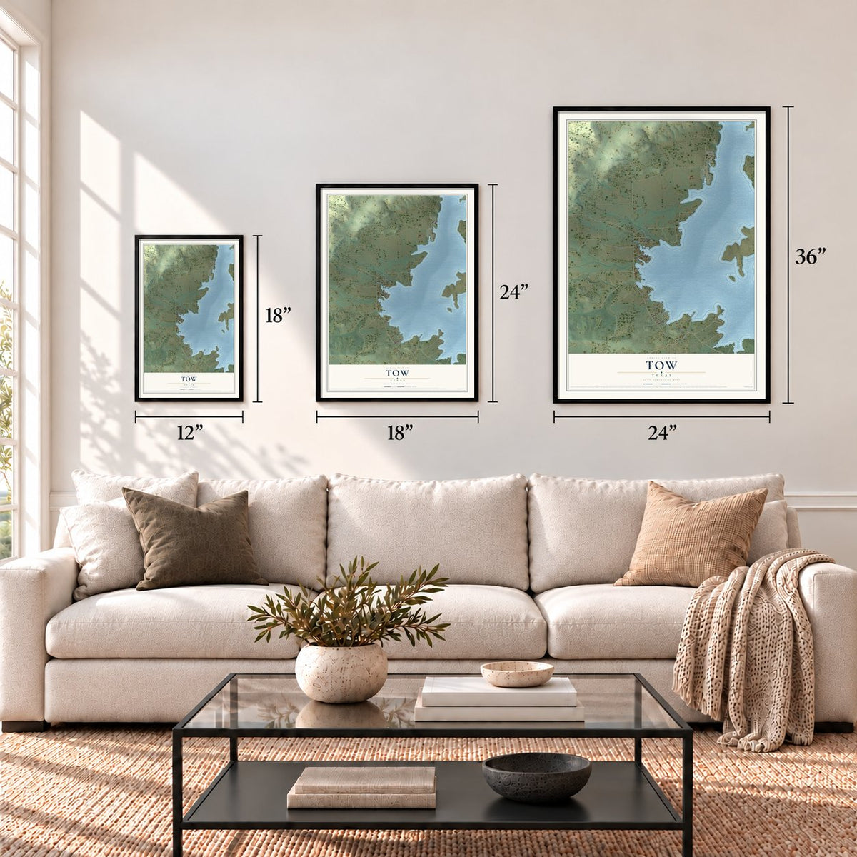 Tow, Texas map in 12 x 18, 18 x 24 and 24 x 36 inch sizes above a sofa