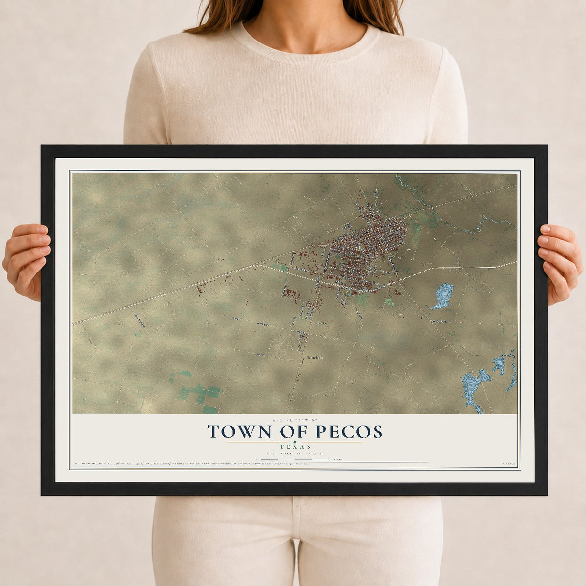 Map of the Town of Pecos, Texas, 12 x 18 inch print in a black wood frame