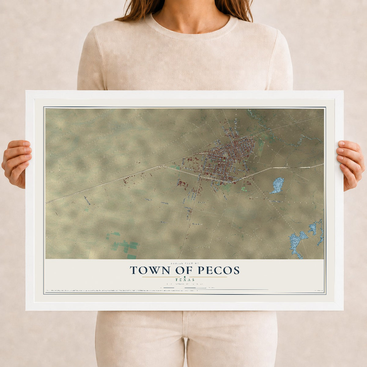 Map of the Town of Pecos, Texas, 12 x 18 inch print in a white wood frame