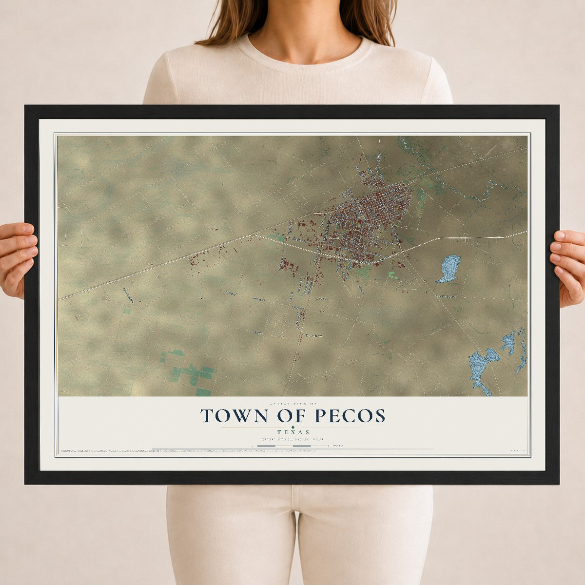 Map of the Town of Pecos, Texas, 18 x 24 inch print in a black wood frame