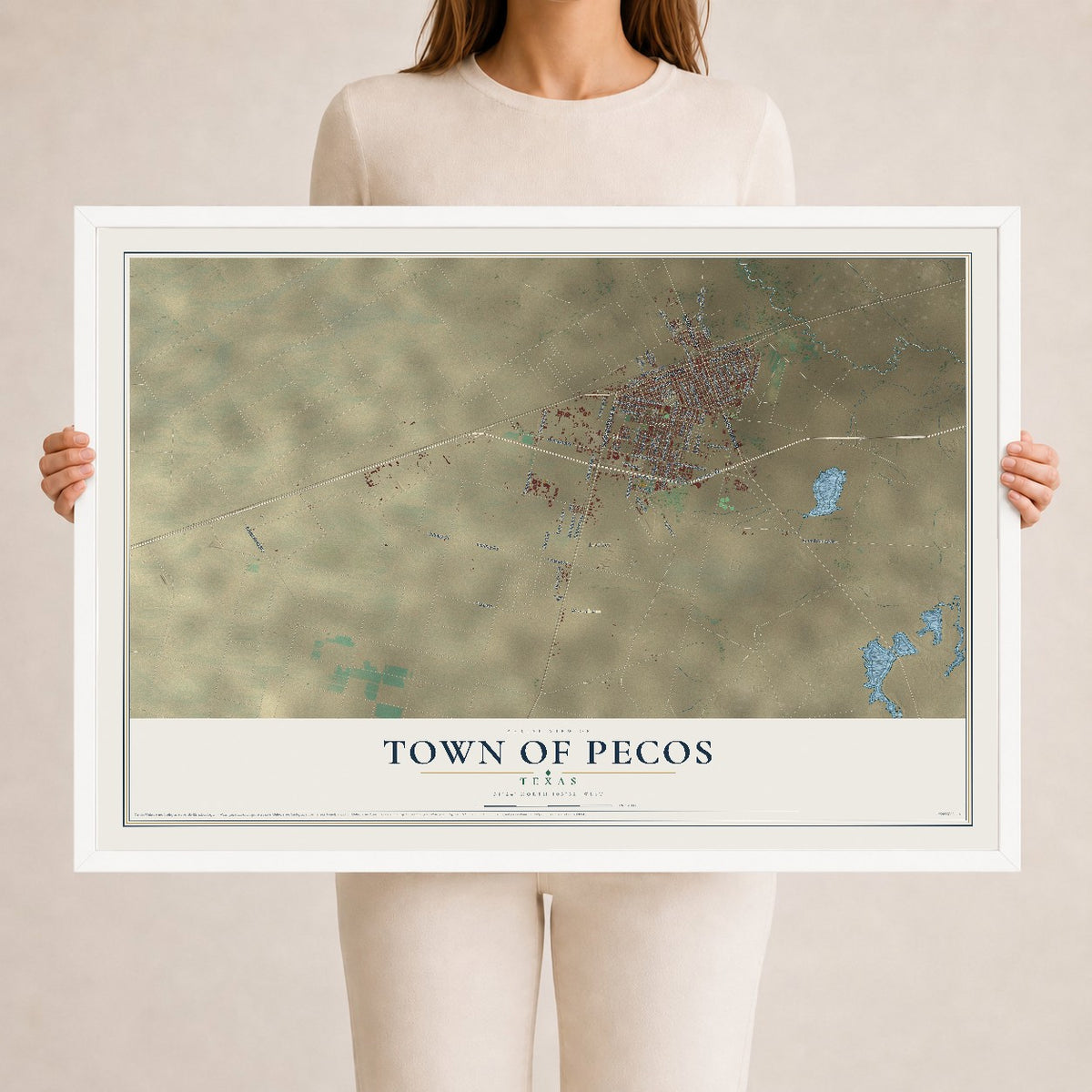 Map of the Town of Pecos, Texas, 24 x 36 inch print in a white wood frame