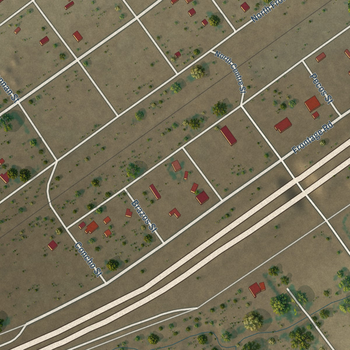 Close-up of the map of Toyah, Texas print showing street and building detail