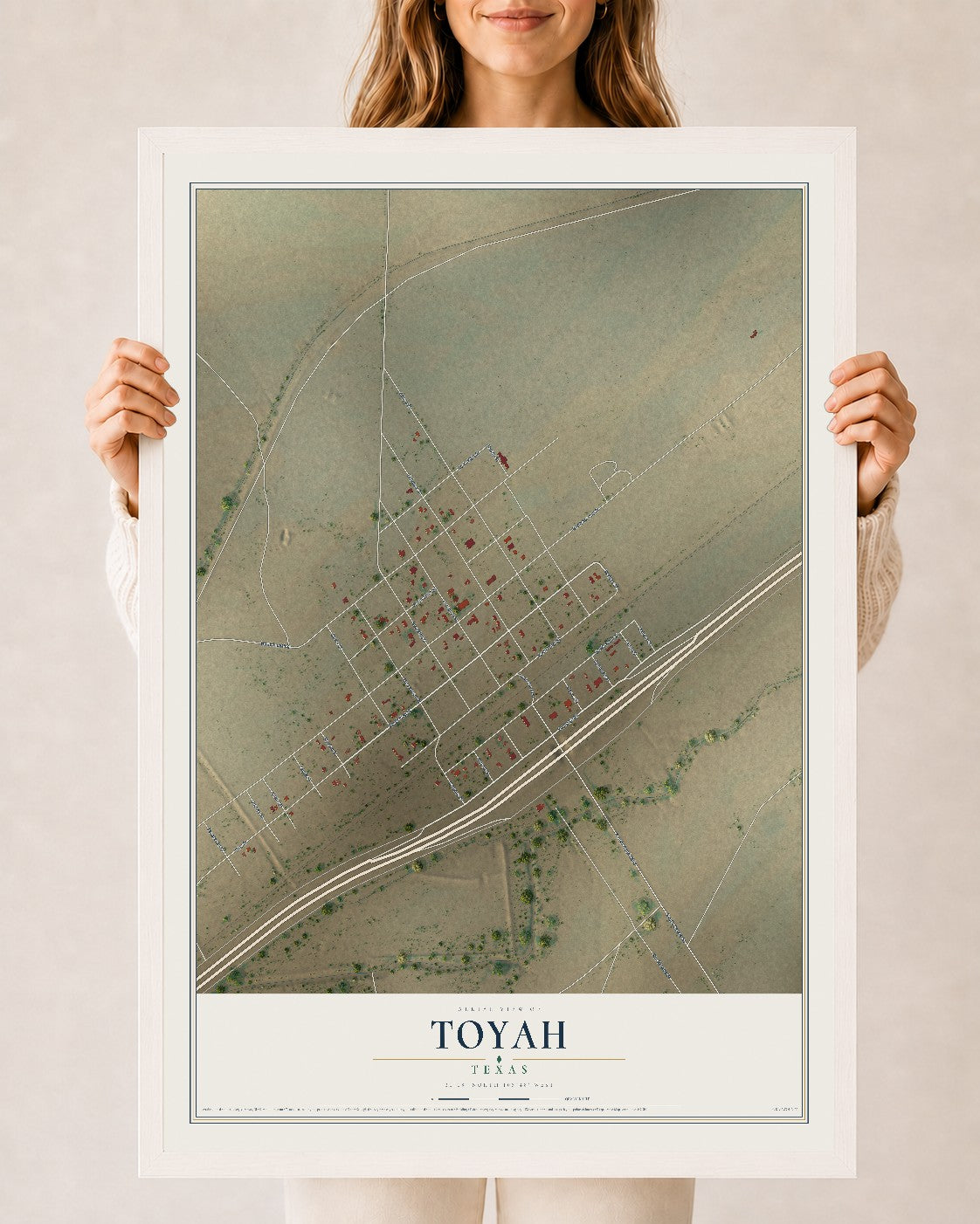 Map of Toyah, Texas, 24 x 36 inch print in a white wood frame