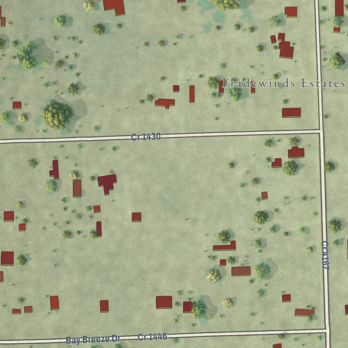 Close-up of the map of Tradewinds, Texas print showing street and building detail