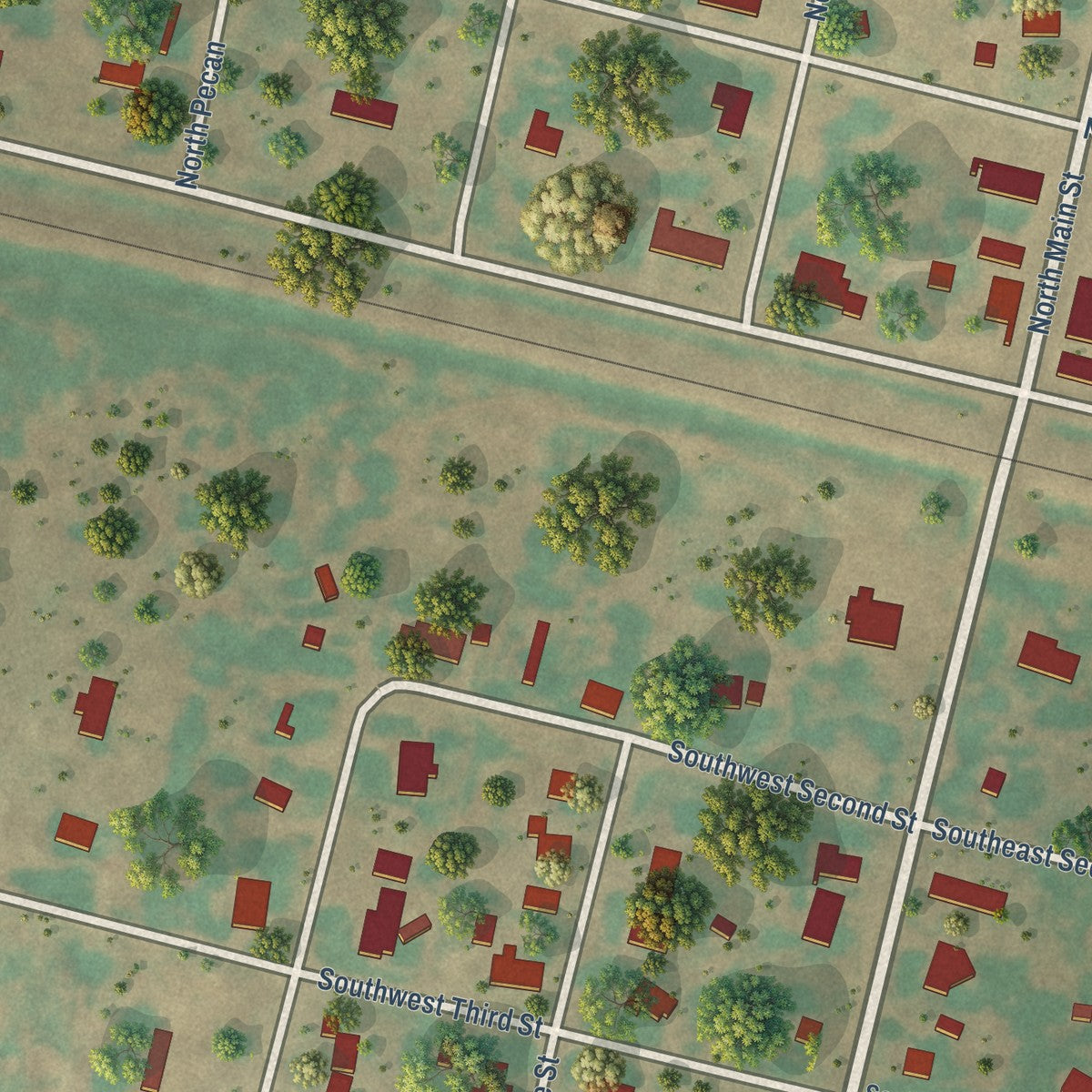 Close-up of the map of Trent, Texas print showing street and building detail